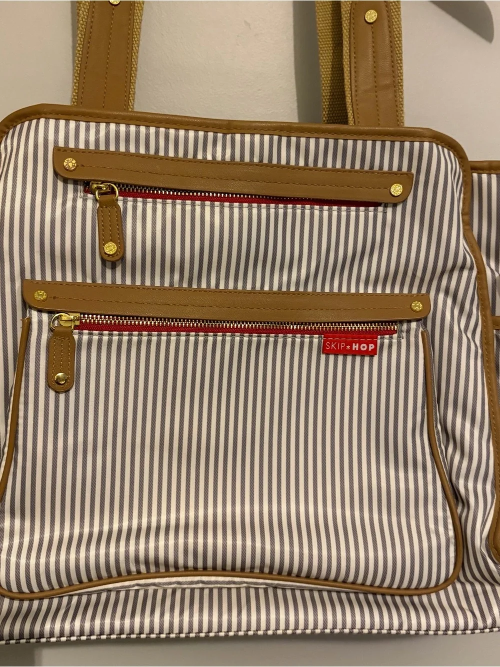 Skip Hop Grey & Cream Striped Gender Neutral Diaper Bag w Ubbi Changing Pad